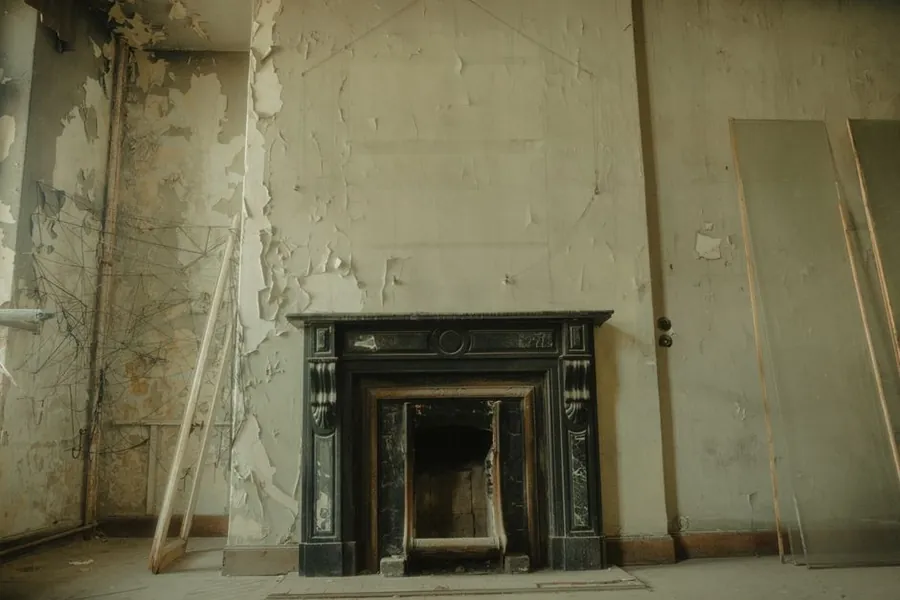 Cast iron Victorian fireplace and chimney breast in a stripped back terraced house room