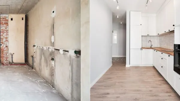 Before and after of kitchen renovation: unfinished construction on the left, finished white kitchen with wood accents on the right.
