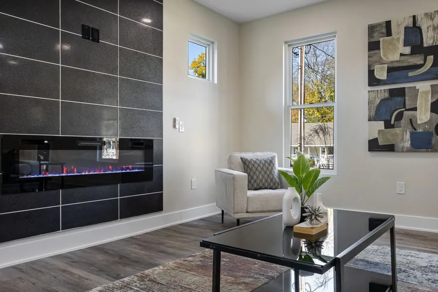 Stylish living room with an inset electric fire and contemporary decor