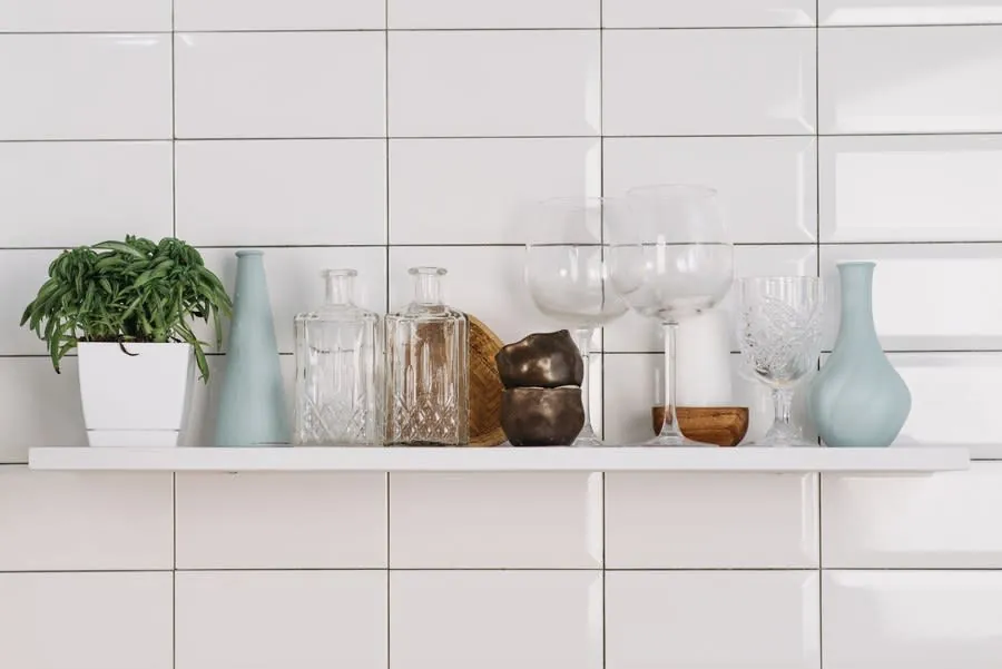 White tiled shelf with potted plant and assorted glass jars and vases