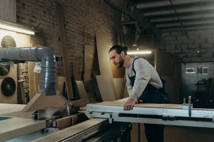 Joiner cutting a board on a table saw in a workshop while making kitchen cabinet panels