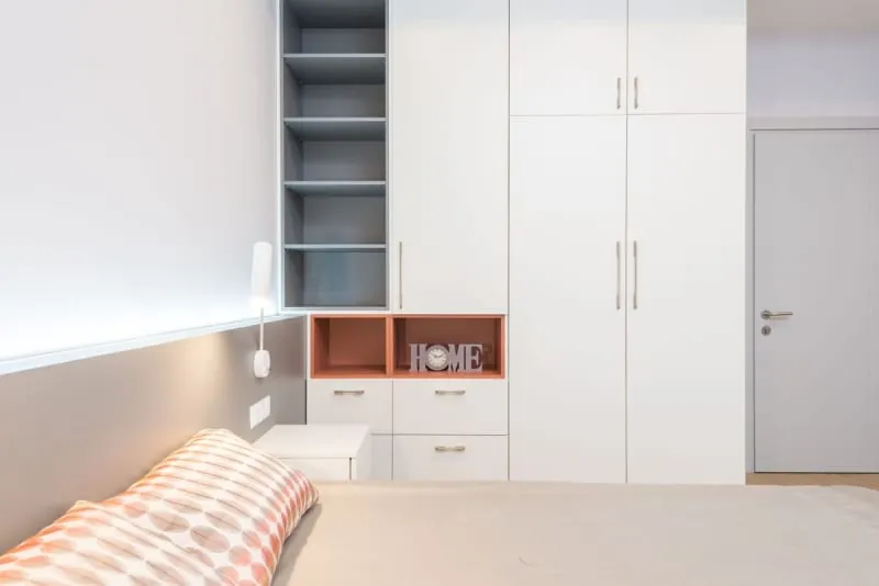White fitted wardrobes beside a bed in a modern bedroom