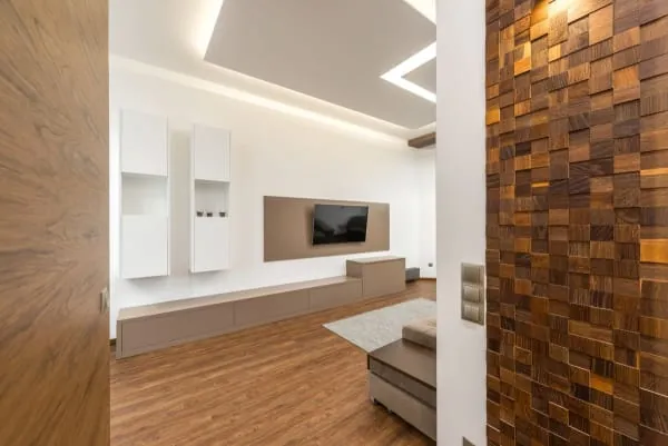 Modern living room media wall with recessed TV and wooden panelling
