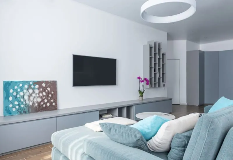Media wall with built-in shelving and display niches