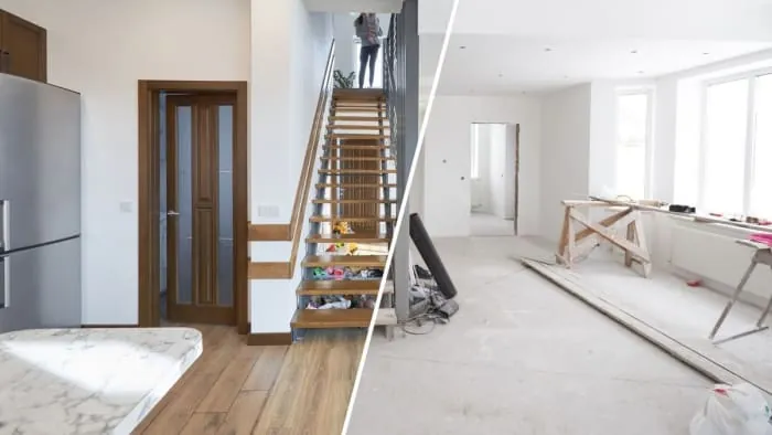 Before and after comparison: kitchen and staircase in a renovated home; showing light, bright, and clean spaces.
