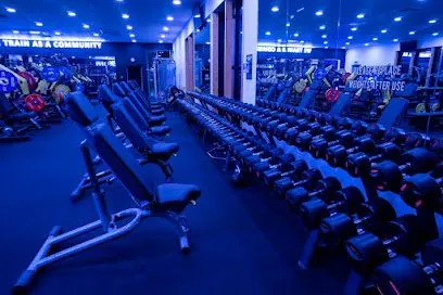 Gym interior with rows of dumbbells and weight benches, bathed in blue light.